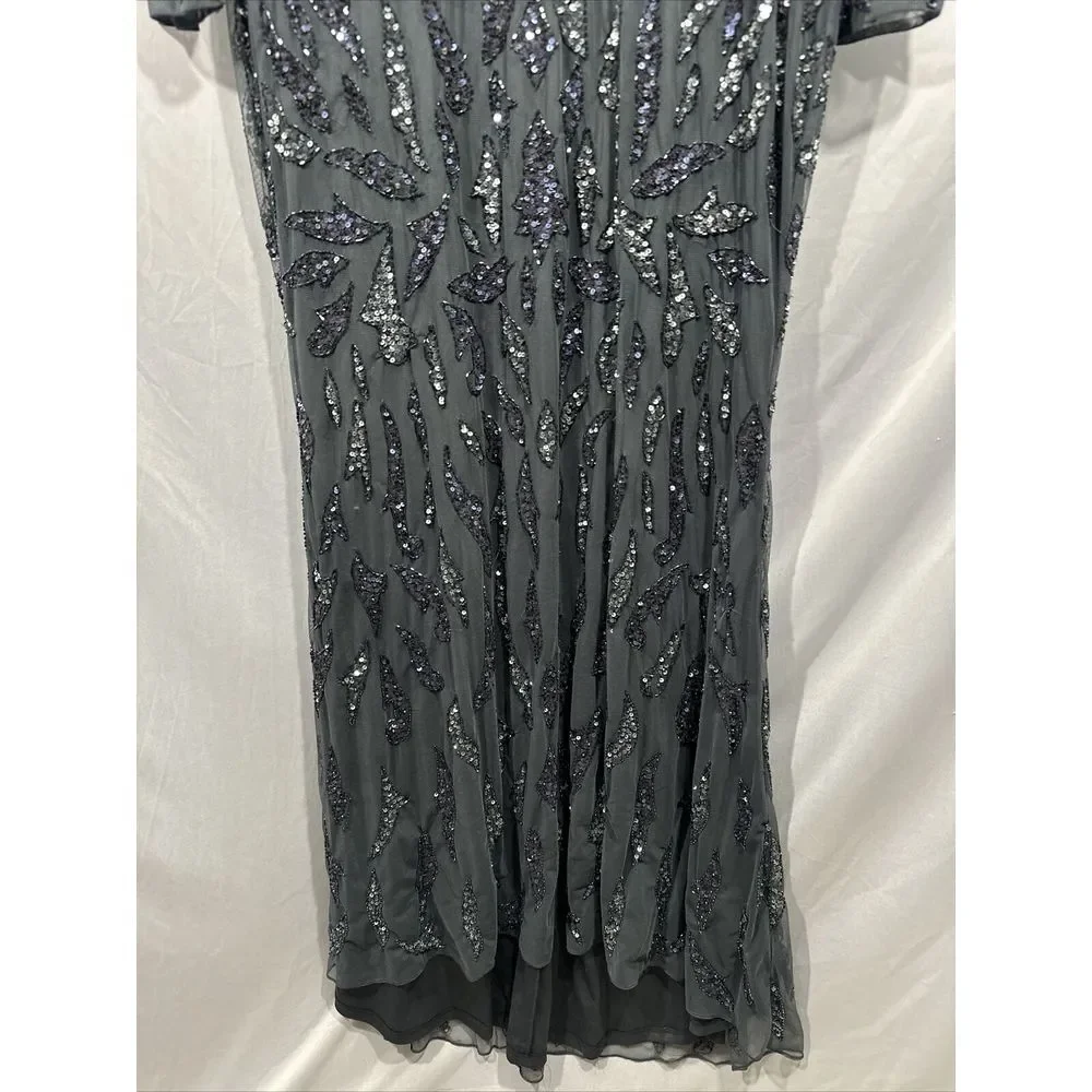 NWT $598 Mac Duggal [ 14 ] Beaded Long Sleeve‎ Evening Gown in Charcoal #S1107 - Picture 10 of 13